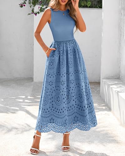 Image of dowerme Women Summer Dresses 2026 Casual Sleeveless Crewneck A-Line Boho Lace Eyelet Cotton Tank Maxi Dress with Pockets
