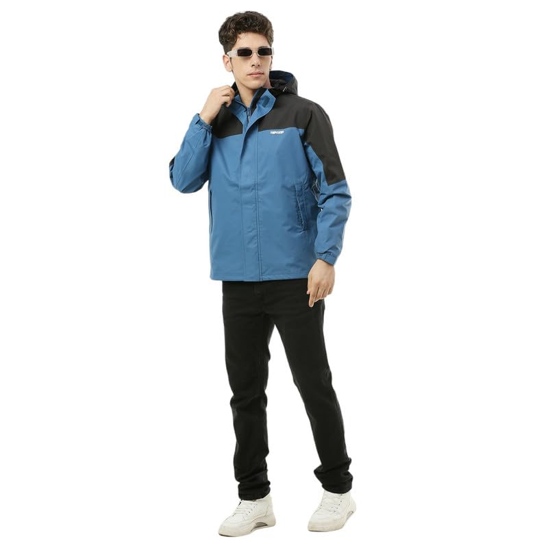 Image of ZEEL Raingear Stylish Rain Jacket for Men Waterproof for Bike Riders with Adjustable Hood along with inner pockets,Waterproof Rainwear with Lightweight Polyester Jacket, ZRS012 Black Blue 2XL
