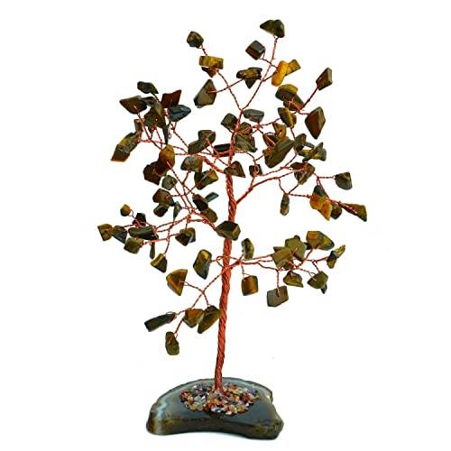 Image of REMEDYWALA Charged Energized Tiger Eye Crystal Tree with Agate Slice Base for Reiki Healing Tiger Eye Stones Crystal Tree 100 Beads