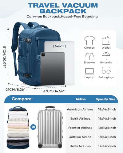 Image of suradar Vacuum Backpack Travel with Pump,Travel Backpack with One Button Vacuum System Vacpack Sealed Compression Airbag Carry on Flight Approved Laptop Backpack Space Saver Bags Blue