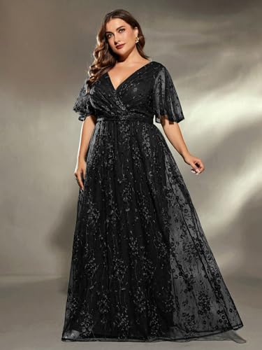 Image of Plus Size Women's V Neck Ruffles Flutter Sleeve Embroidered Lace A Line Maxi Dress for Wedding Party Evening