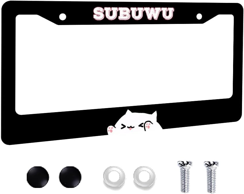 Cute SUBUWU Cat Aluminum License Plate Frame (6x12 Inch) - Kawaii Cartoon Design Car Tag Frame with Screws, Durable Auto Frame for SUV/Truck/Car, Adorable Pet Lover Vehicle Accessory