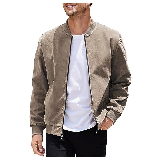COOFANDY Jaqueta bomber masculina casual vintage de camurça leve, Cáqui, M