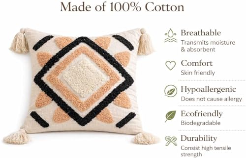 Image of Cushion Cover Pack of 5 (16x16 Inches) | Cotton Textured Decorative Throw Pillow Case for Sofa Bed Living Room Diamond Tufted Cushion Cover with Tassels (Multicolor)