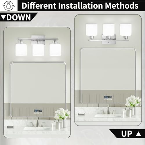Image of Brushed Nickel Bathroom Light Fixture, Anti-Rust Finish 3 Light Vanity Lights for Bathroom, Bath Lights with Milky White Frosted Glass Shades, E26 Socket
