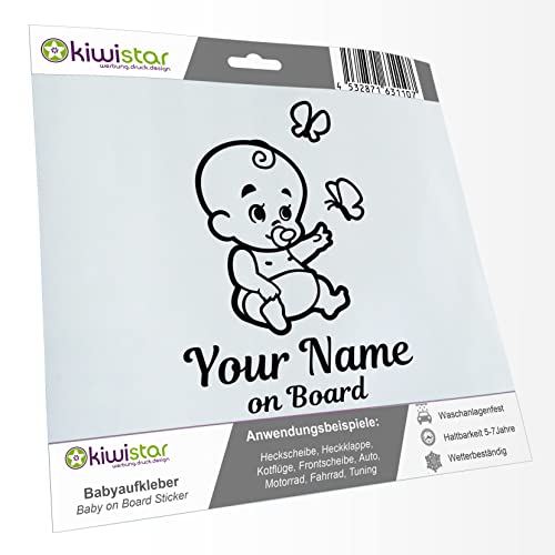 Kiwistar – babydekal – svart – babyfjärilsklistermärke – med önskad text individuellt personlig ombord 15 cm – för bil, motorcykel, cykel, tuning