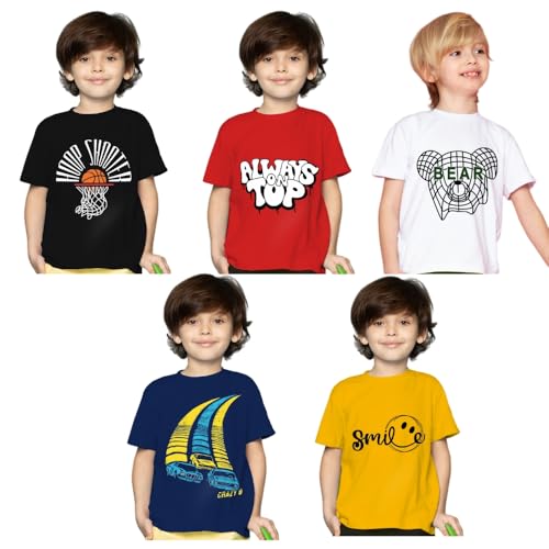 Image of Yazh Texworld Boys Round Neck Blended Cotton T-Shirts | Regular Fit | Half Sleeve | Casual Wear | Trendy | Combo Pack of 5 | Multicolor | Soft, Durable, and Stylish for Everyday use
