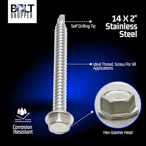 Bolt Dropper #14 x 2-1/2-Inch Stainless Steel TEK Screws - Pack of 50 Self-Tapping Screws - Corrosion-Resistant External Hex Washer Head Screws for Wood, Metal, Wet Environments, and Outdoor Projects