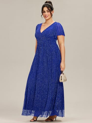 Image of Ever-Pretty Women's Plus Size Glitter Formal Dresses for Curvy Women A Line V Neck Gala Mother of Bride Dress Evening Gown