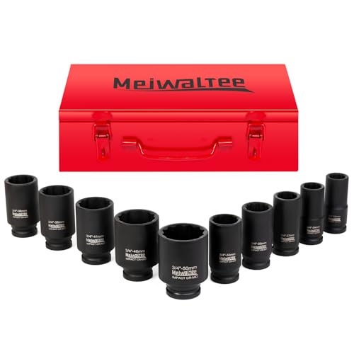Meiwaltee 3/4' Juego de Llaves de Impacto | 10-Piezas Jumbo Surtido de Llaves de Impacto Profundo Tamaños Métricos 22-50MM | Diseño de 12 Puntas | Estuche Metálico | Acero Cr-Mo.