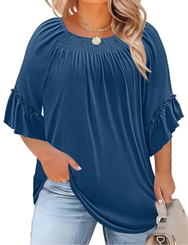 Image of Micoson Womens Plus Size Tops 3 /4 Ruffle Sleeve Crewneck Pleated Shirts