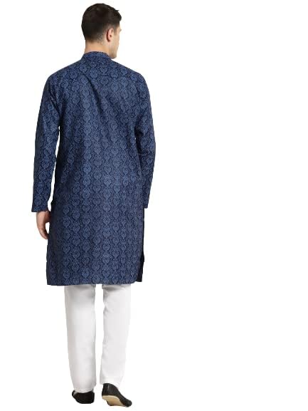 Image of SOJANYA (Since 1958 Men's Cotton Blend Navy Blue & Black Printed Kurta & White Churidar Pyjama Set