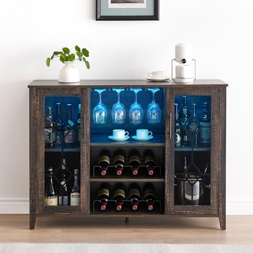 Image of Farmhouse Wine Bar Cabinet with LED Light, Wood Storage Cabinet with Glass Doors, Adjustable Shelves, Wine & Coffee Station for Dining Room, Living Room, Home Bar,Oak