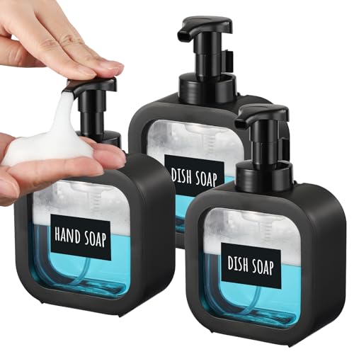 Segbeauty Dispenser Sapone Schiuma Manuale, 3 Pezzi 300ml Dispenser Sapone Nero, Erogatore Sapone Liquido in Plastica, con Pompa in Schiuma e Etichetta, per Bagno Cucina