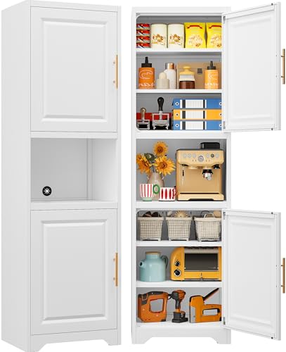 Image of SISESOL 67" Tall Narrow Storage Cabinet with 2 Door and 7 Shelves,Slim Kitchen Pantry Cabinet,White Metal Bathroom Cabinets,Large Cupboard for Home,Kitchen,Laundry,Bathroom