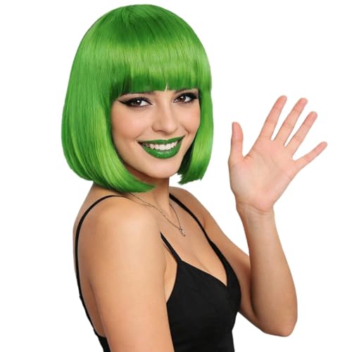 EUPSIIU Verde Parrucche Bob, Corte per Capelli Umani per Donna, Neon Caschetto per Disco Spettacolo Teatrale Festa Carnevale Halloween (Verde)
