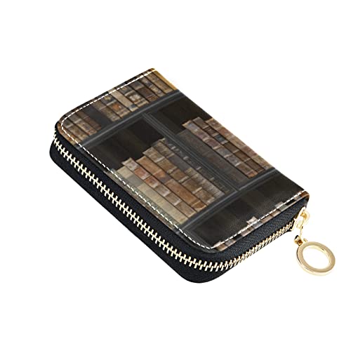 Retro Vintage Black Wood Bookshelf Old Books TextureGrey Credit Card Coin wallet, RFID Blocking Compact Women Leather Card Holder, Key Change Organizer, Zipper Purse Clutch Pouch