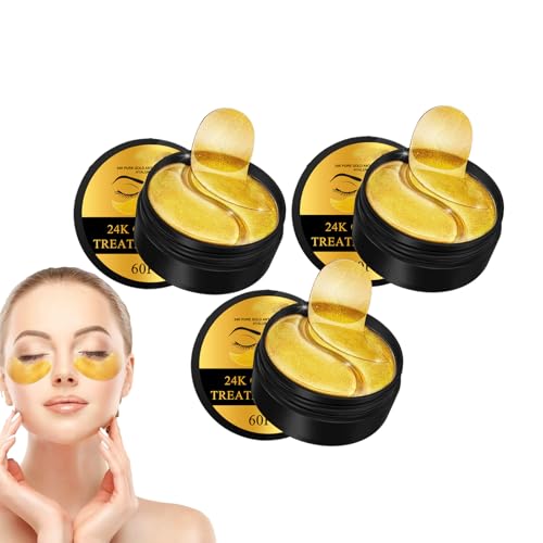 Parches de hidrogel para ojos con oro de 24 quilates, parches de colágeno para ojos hinchados y ojeras, parches de gel revitalizantes y reafirmantes para mujeres y hombres, 60 unidades (3 Cajas)