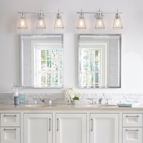 Image of Industrial Bathroom Vanity Lights: 3-Lights Silver Brushed Nickel Vintage Metal Cage Wall Lamp - Rustic Farmhouse Light Fixture Over Mirrors Cabinet for Bath Hallway