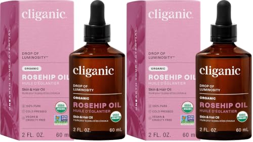 Cliganic Organic Rosehip Seed Oil for Face, 100% Pure | Natural Cold Pressed Unrefined Non-GMO | Carrier Oil for Skin, Hair &amp; Nails (Packaging May Vary) (Pack of 2)