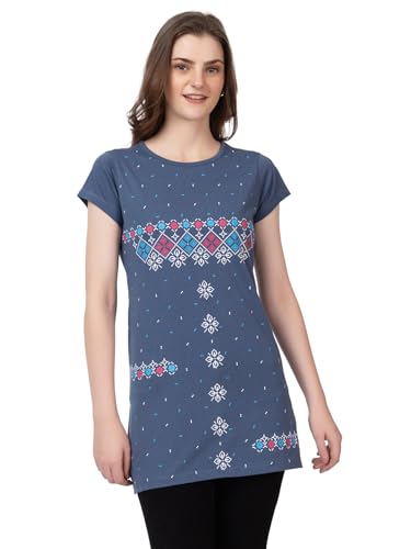 Image of Women Printed Cotton Tshirt with Side Slits & Pocket