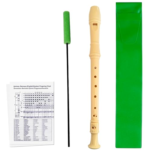 Pack Flauta Dulce Soprano con Limpiador Flauta Escolar, Tabla de Dedos y Funda Flauta Escolar Tipo Estuche de Color Verde. Flauta Escolar Para Principiantes y Niños.
