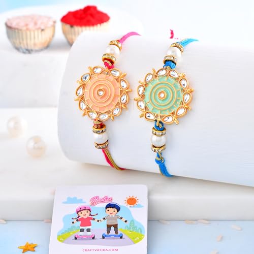 Image of CraftVatika Rakhi Set of 2 for Brother, Floral Kundan Designer rakhi Combo For Brother Bhaiya Bhabhi Raksha Bandhan Gift Band with Fridge Magnet Bracelet Stone Rakhis