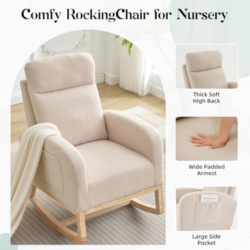 Image of GarveeHome Rocking Chair Nursery,Glider Chair Nursery Chair with High Back and Side Pocket, Rocking Accent Armchair with Rubber Wood Legs for Living Room /Bedroom /Nursery