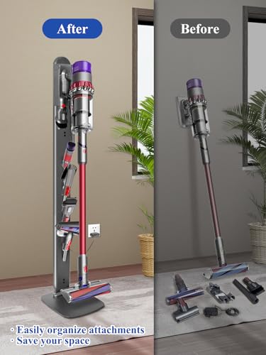 Image of Sturdy Metal Vacuum Stand for Dyson V16 Gen5 V15 V12 V11 V10 V8 V7 V6 , Freestanding Standing Holder w /Hidden Cable Design & 4 Hooks, Space-Saving Storage Rack for Cordless Vacuums, Deep Gray