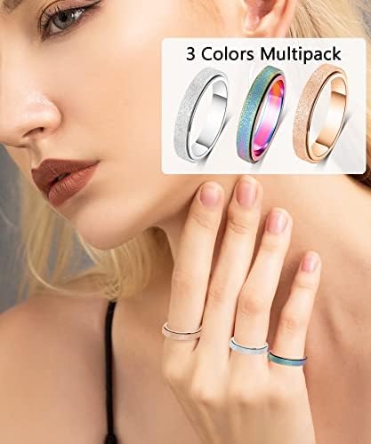 OreilleStar Titanium Stainless Steel Anxiety Ring for Women Spinner Ring 3 Colors Pack Anxiety Spinner Rings Fidget Rings 4mm Rose Gold Silver Rainbow Size 7 - 4