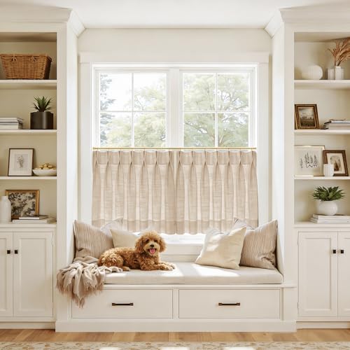 Image of TWOPAGES 26 inch inch W x 45 inch inch L Linen Blend Cafe Curtains for Kitchen Window, Light Filtering Pinch Pleated Tier Curtains, Modern Farmhouse Half Window Curtains for Small Window, Tapioca, 2 Panels