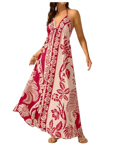Image of SHENHE Women's Summer Tropical Floral Halter Maxi Dress Open Back Empire Waist Flowy Boho Dress