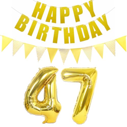 Globos con número 47 dorado, guirnalda de feliz cumpleaños y pancarta de 47 cumpleaños, decoración para mujer, hombre, 47 años, cumpleaños