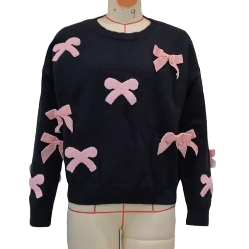 Image of Women Ribbon Knit Sweater Autumn Winter Long Sleeve Grunge Preppy Bowknot Pullovers Vintage Y2K Cottage Knitwear (A Black Bowknot Sweater, S)