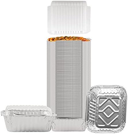 PARTY BARGAINS 100 Pack 1Lb Aluminum Pan with Plastic Lids, 5.5 x 4.5 Inch Aluminum Foil Take-Out Containers, for Catering, Baking Small Goodies, Roasting Food
