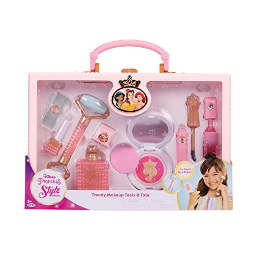 Disney Princess Style Collection Girls Trendy Makeup Tote Bag Trendy Pretend Play Makeup Tools Including a Face Roller Comes with 8 Different Play Tools