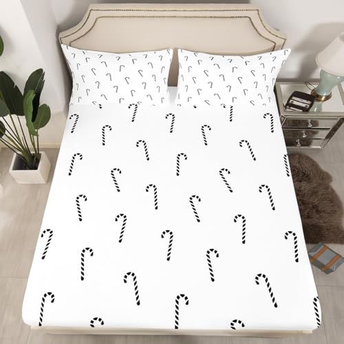 Christmas Candy Kids Fitted Sheet Double Size,Merry Christmas Cartoon Candy Bedding Set,Girls Women Room Decor,Sweet Candy Happy New Year Xmas Bed Cover,Black White Bed Sheet,2 Pillowcases