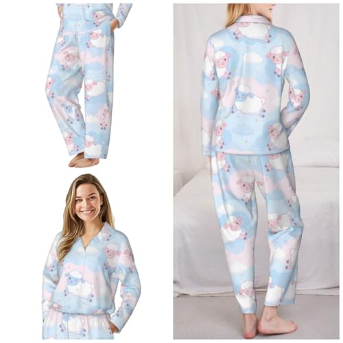 Image of Women'S Long Sleeve Pajama Set Soft Loungewear Button-Down Top & Elastic Waist Pants S- 2XL