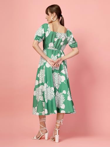 Image of OOMPH! Below Knee Shift Pink Dress in Crepe Fabric with Round Neck and Puff Sleeves - md619l