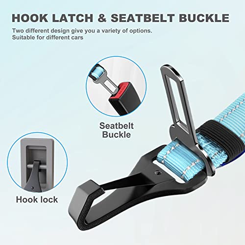 Image of Dog Seat Belt 3-in-1 Car Harness for Dogs Adjustable Safety Seatbelt for Car Nylon Reflective Bungee Fabric Dog Car Harness with Clip Hook Latch & Buckle, Swivel Zinc Alloy Carabiner (Light Blue)