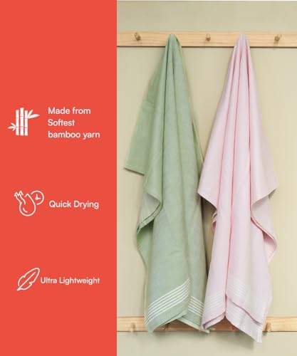 Image of Thirsty Towel by Doctor Towels, Bamboo Bath Towel Slub 250 GSM | Pack of 2 Quick Dry & Ultra Soft | Antimicrobial Bamboo Towels for Bath Large Size 75 x 150 cm for Men & Women - Pink, Green