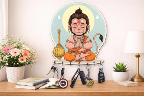 Image of CAPIO ART Hanuman Key Holder | Wooden Key Stand with 7 Hooks | Bajrangbali Wall Decor for Home Entrance, Living Room & Office | Key Organizer & Spiritual Gift Item (8x7 Inch)