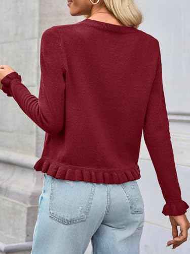 Image of Saodimallsu Womens Ruffle Cardigan Sweaters Button Up Crew Neck Long Sleeve Cropped Sweater Cute Soft Knit Tops
