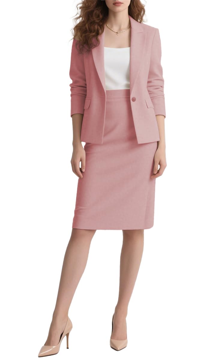 Botong Women's 2 Piece Suit Skirt Set Business Casual Long Sleeve Blazer and Pencil Skirt Dusty Pink S