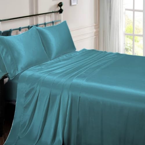 Parure de lit en soie de mûrier bleu sarcelle 137x190 contre la friction de la peau