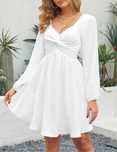 Florboom Women's Sweetheart Knot Front Dress Lantern Long Sleeve Smocked Back A-Line Chiffon Mini Dresses2