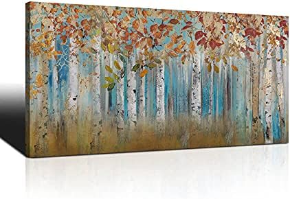 guiguziyishu Canvas Wall Art Birch Trees Branches Landscape Yellow Painting Watercolor Picture Poster Prints, Modern One Panel 30"x60" Framed Large Size for Living Room Bedroom Home Office Decor