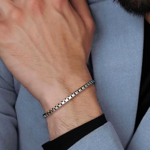 LeCalla Solid 925 Sterling Silver Italian Box Chain Bracelets for Men | Classic 3.5MM Minimalist Silver Bracelets (7.5, 8, 8.5, 9 Inches), Made in Italy3
