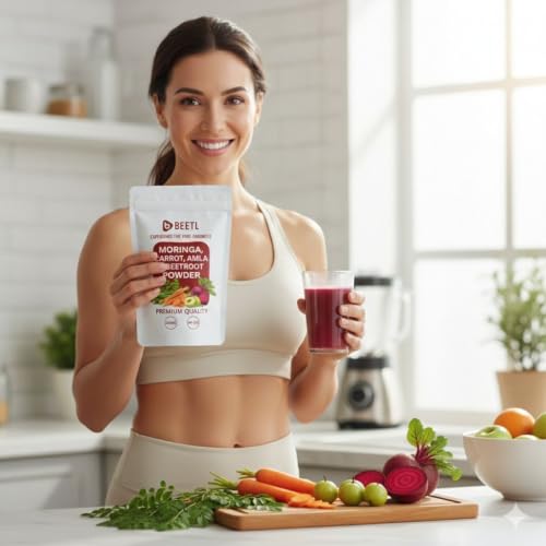 Image of BEETL Moringa Carrot Amla & Beetroot Powder Blend | Mixed Vegetable Powder | Plant Based Blend for Smoothies, Juices, Beverages & Recipes | 100 g