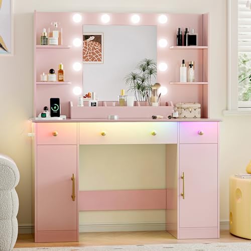 Vanity Desk with Mirror Lights and Drawers